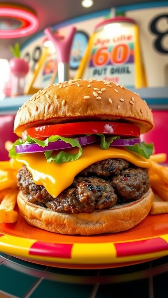 A classic 80s cheeseburger with lettuce, tomato, and fries on a retro plate.